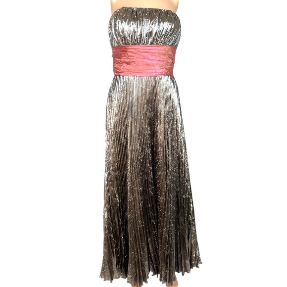 Precious Formals Dresses & Skirts - Precious Formals Metallic Silver Strapless Gown Pleated with Scarlet Band Sz 12